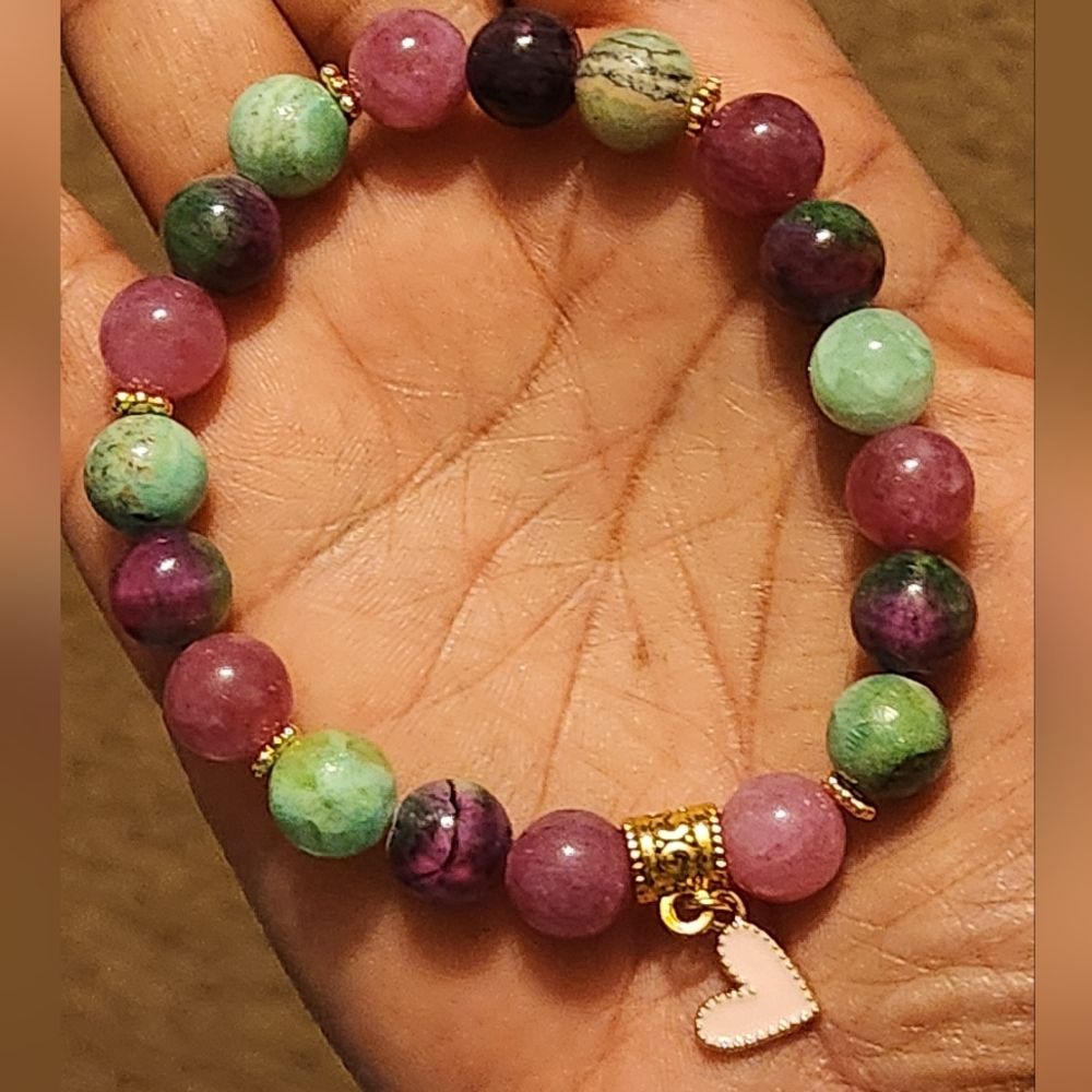 Pink and Green AKA Stone Bracelet with Charm 7"-8" in Length (Silver)